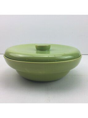 Vintage Green Ceramic Lidded Bowl 9.5" Diameter Lid Serving Candy Dish Kitchen